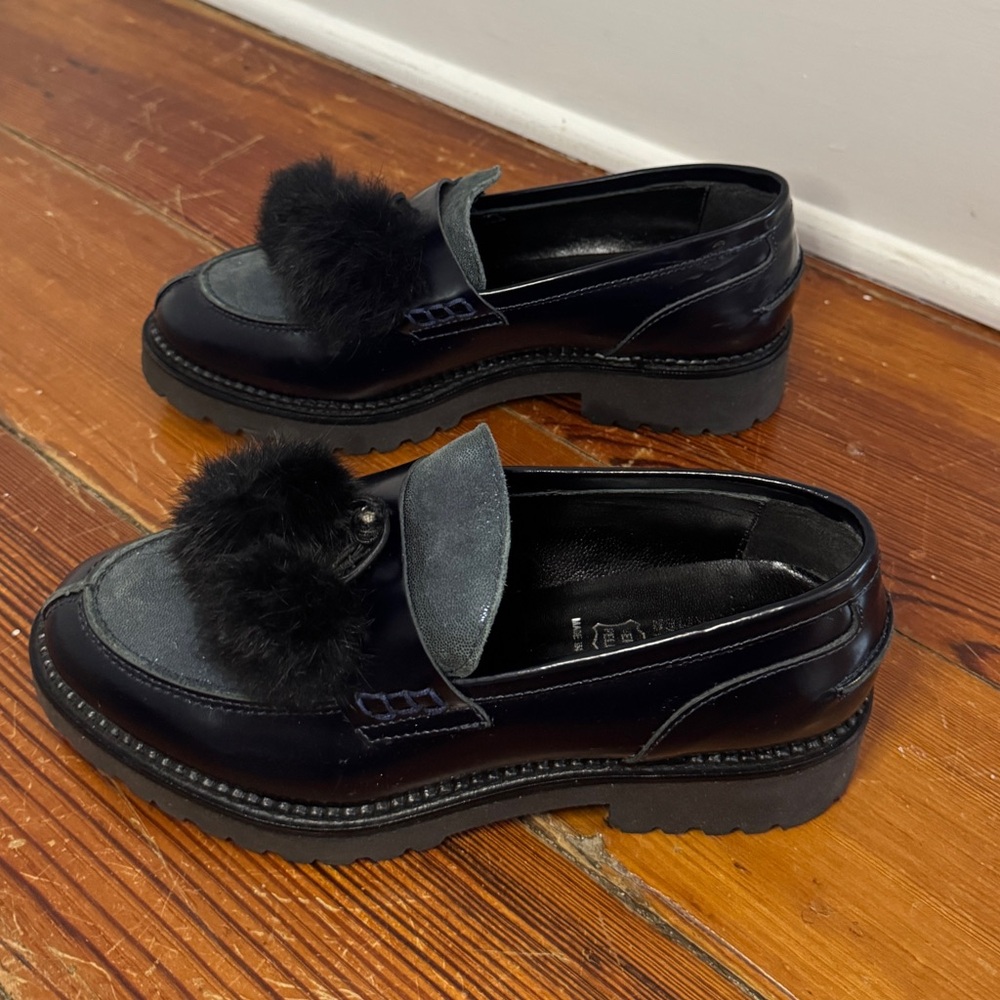 PHIL GATIÉR by REPO Patent Leather Lug Sole Loafers Pom Poms Blue Black 36 5.5 - Picture 4 of 10